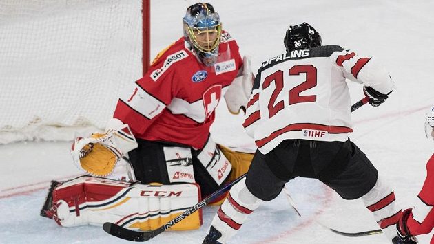 Švýcarský gólman Jonas Hiller vyráží puk před Kanaďanem Nickem Spallingem. Švýcarský gólman Jonas Hiller vyráží puk před Kanaďanem Nickem Spallingem.