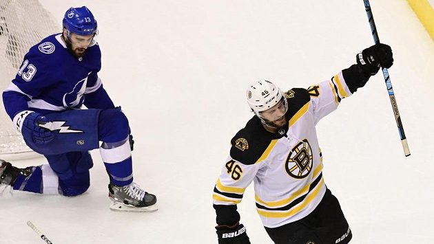 David Krejčí (46) z Bostonu jásá po gólu proti Tampě Bay, vlevo Cedric Paquette (13). Konec sezóny Bruins ale neodvrátil. David Krejčí (46) z Bostonu jásá po gólu proti Tampě Bay, vlevo Cedric Paquette (13). Konec sezóny Bruins ale neodvrátil.