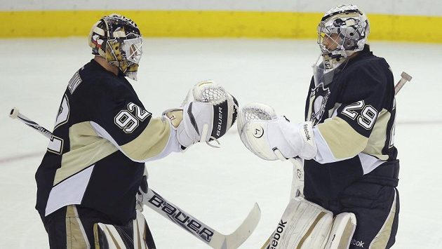 Tomáše Vokouna (vlevo) střídá v brance Pittsburghu po třetí inkasované brance Marc-André Fleury. Tomáše Vokouna (vlevo) střídá v brance Pittsburghu po třetí inkasované brance Marc-André Fleury.