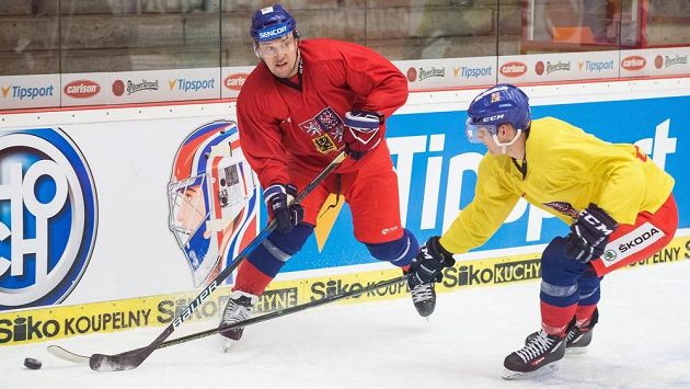 Jan Kovář (vlevo) během tréninku hokejové reprezentace v Českých Budějovicích. Jan Kovář (vlevo) během tréninku hokejové reprezentace v Českých Budějovicích.