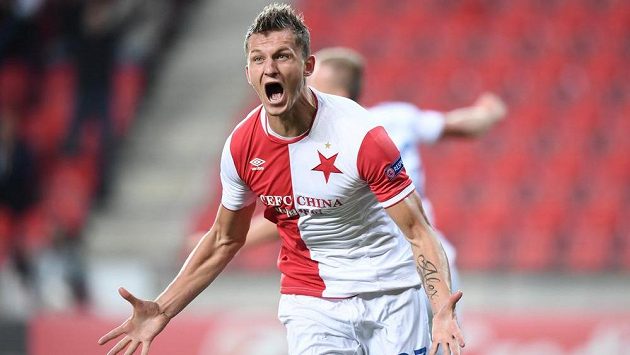 Radost Tomáše Necida ze Slavie po vstřeleném gólu. Radost Tomáše Necida ze Slavie po vstřeleném gólu.