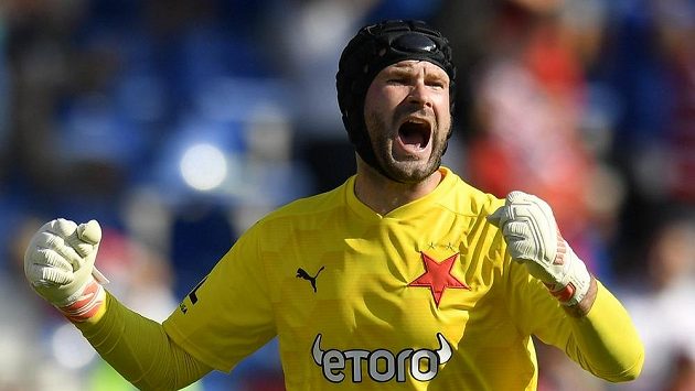 Brankář Ondřej Kolář ze Slavie se raduje. Brankář Ondřej Kolář ze Slavie se raduje.