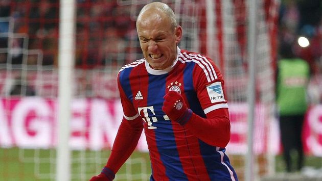 Arjen Robben z Bayernu jásá po gólu proti Kolínu. Arjen Robben z Bayernu jásá po gólu proti Kolínu.