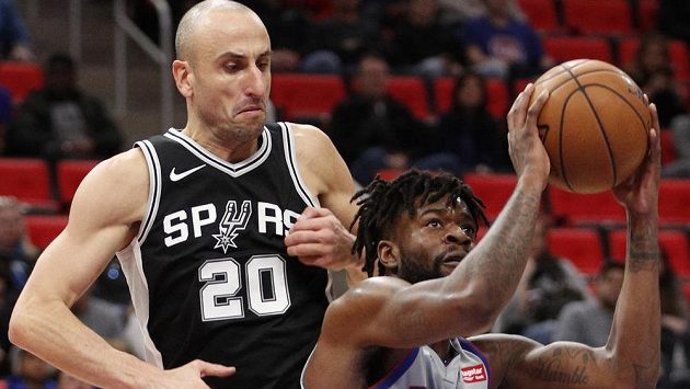 Manu Ginóbili (20) ze San Antonia na archivním snímku z utkání s Detroitem. Vpravo Reggie Bullock Manu Ginóbili (20) ze San Antonia na archivním snímku z utkání s Detroitem. Vpravo Reggie Bullock