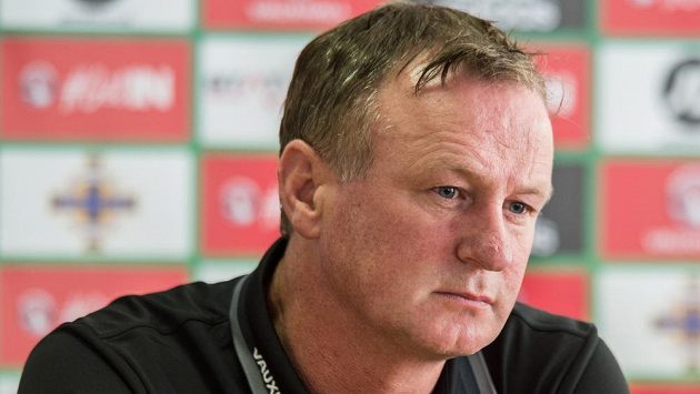 Trenér Severního Irska Michael O'Neill na tiskové konferenci v Praze. Trenér Severního Irska Michael O'Neill na tiskové konferenci v Praze.