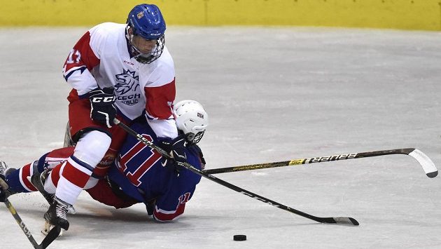 Stanislav Svozil z České republiky a Mark Estapa z USA během Hlinka Gretzky Cup hokejistů do 18 let. Stanislav Svozil z České republiky a Mark Estapa z USA během Hlinka Gretzky Cup hokejistů do 18 let.