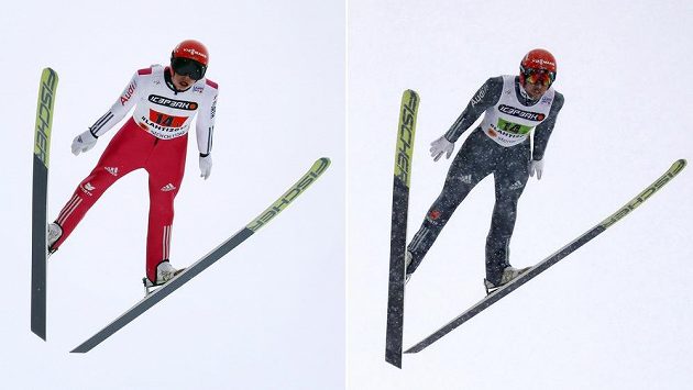 Favorizovaní němečtí sdruženáři Eric Frenzel (vlevo) a Johannes Rydzek při skokanské části sprintu dvojic na MS v Lahti. Favorizovaní němečtí sdruženáři Eric Frenzel (vlevo) a Johannes Rydzek při skokanské části sprintu dvojic na MS v Lahti.