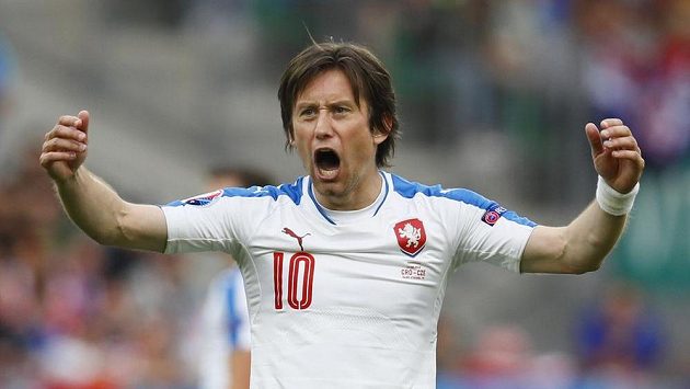Tomáš Rosický se raduje z gólu Milana Škody proti Chorvatsku. Tomáš Rosický se raduje z gólu Milana Škody proti Chorvatsku.