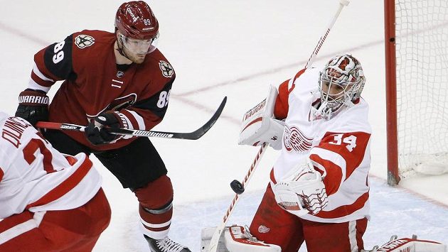 Brankář Detroitu Petr Mrázek zasahuje v zápase proti Arizoně. Vlevo je útočník Coyotes Mikkel Bødker. Brankář Detroitu Petr Mrázek zasahuje v zápase proti Arizoně. Vlevo je útočník Coyotes Mikkel Bødker.