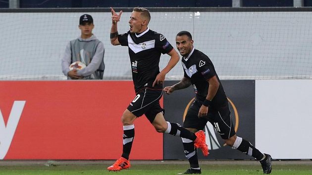 Luganský Mattia Bottani oslavuje gól proti Plzni. Luganský Mattia Bottani oslavuje gól proti Plzni.