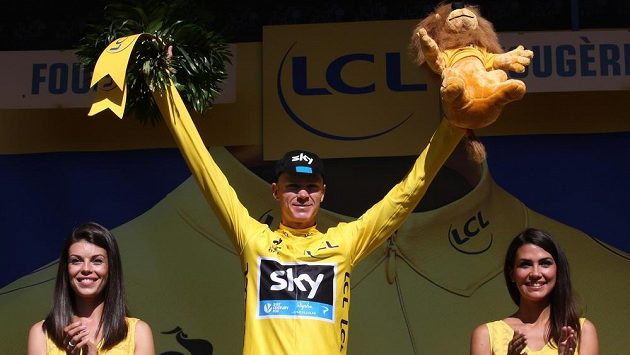 Chris Froome z týmu Sky ve žlutém dresu pro lídra Tour de France. Chris Froome z týmu Sky ve žlutém dresu pro lídra Tour de France.