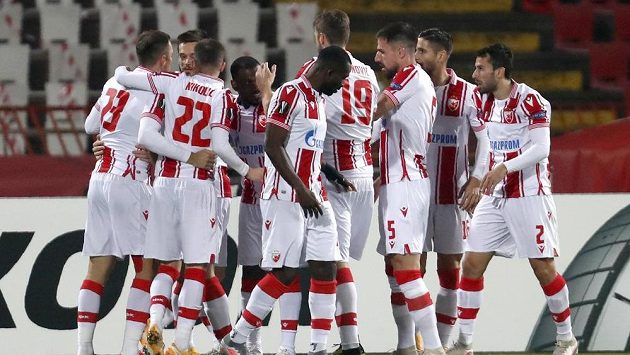Radost fotbalistů CZ Bělehrad z gólu proti Liberci. Radost fotbalistů CZ Bělehrad z gólu proti Liberci.