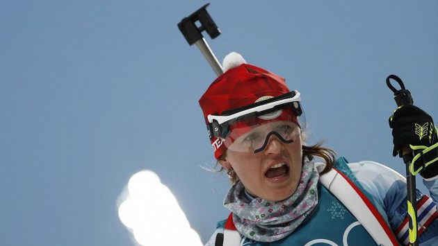 Veronika Vítková v cíli individuální závodu. Veronika Vítková v cíli individuální závodu.