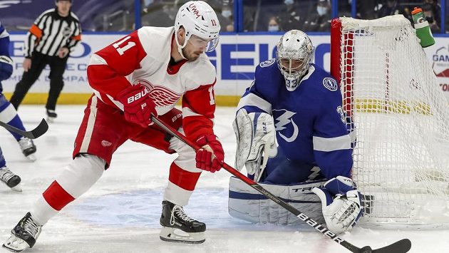 Filip Zadina (11) z Detroitu a gólman Tampy Christopher Gibson na ilustračním snímku. Filip Zadina (11) z Detroitu a gólman Tampy Christopher Gibson na ilustračním snímku.
