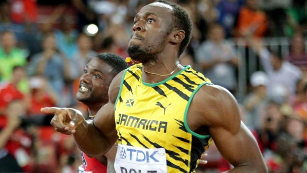 Usain Bolt po triumfu na stovce v Pekingu. Usain Bolt po triumfu na stovce v Pekingu.