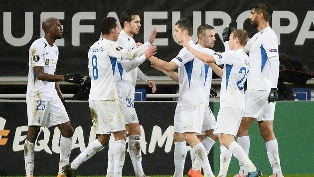 Radost fotbalistů Liberce po vedouím gólu v Gentu. Radost fotbalistů Liberce po vedouím gólu v Gentu.