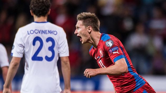 Český útočník Milan Škoda vstřelený gól proti Kazachstánu. Český útočník Milan Škoda vstřelený gól proti Kazachstánu.