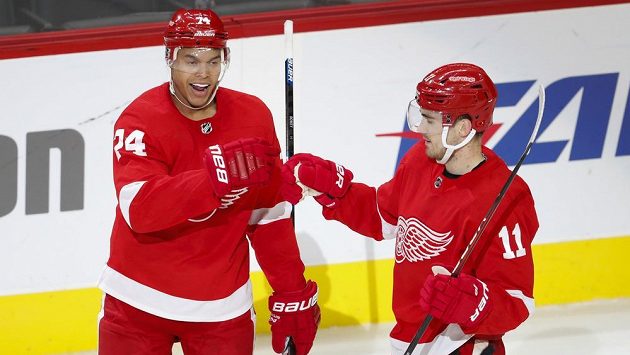Český útočník Filip Zadina (vpravo) a střelec vítězného gólu Detroitu Madison Bowey v zápase s Pittsburghem. Český útočník Filip Zadina (vpravo) a střelec vítězného gólu Detroitu Madison Bowey v zápase s Pittsburghem.