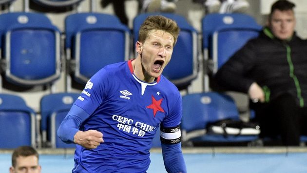 Milan Škoda ze Slavie se raduje z gólu na hřišti Slovácka. Milan Škoda ze Slavie se raduje z gólu na hřišti Slovácka.