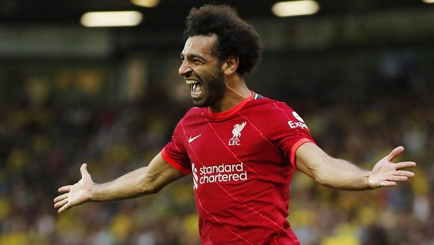Mohamed Salah z Liverpoolu oslavuje svou trefu do sítě Norwiche. Ilustrační foto. Mohamed Salah z Liverpoolu oslavuje svou trefu do sítě Norwiche. Ilustrační foto.
