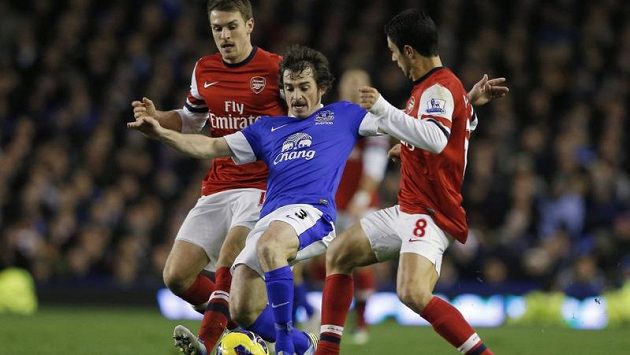 Fotbalisté Arsenalu Mikel Arteta (vpravo) a Aaron Ramsey si vzali do parády Leightona Bainese z Evertonu Fotbalisté Arsenalu Mikel Arteta (vpravo) a Aaron Ramsey si vzali do parády Leightona Bainese z Evertonu