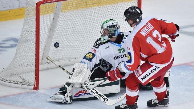 Útočník Olomouce Tomáš Mikúš střílí rozhodující gól v samostatných nájezdech. V boleslavské brance je David Rittich. Útočník Olomouce Tomáš Mikúš střílí rozhodující gól v samostatných nájezdech. V boleslavské brance je David Rittich.