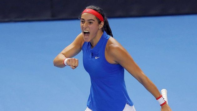 Radost Francouzky Caroline Garciaové ve finále Fed Cupu. Radost Francouzky Caroline Garciaové ve finále Fed Cupu.