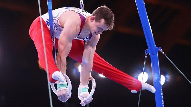 Český gymnasta David Jessen v akci na kruzích. Český gymnasta David Jessen v akci na kruzích.