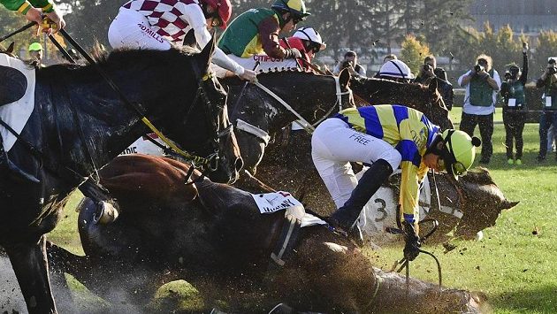 Pád na Taxisově příkopu ve 129. ročníku Velké pardubické. Pád na Taxisově příkopu ve 129. ročníku Velké pardubické.