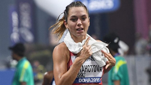 Anežka Drahotová při chodeckém závodě na 20 km na MS v Dauhá. Anežka Drahotová při chodeckém závodě na 20 km na MS v Dauhá.