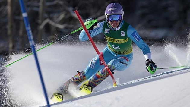 Šárka Strachová během prvního kola slalomu v Aspenu. Šárka Strachová během prvního kola slalomu v Aspenu.
