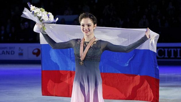 Krasobruslařka Jevgenija Medveděvová po triumfu na MS. Krasobruslařka Jevgenija Medveděvová po triumfu na MS.