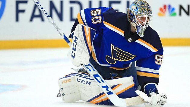 Jordan Binnington, brankář St. Louis Blues. Jordan Binnington, brankář St. Louis Blues.