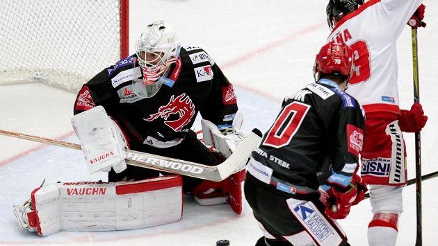 Třinecký brankář Peter Hamerlík pozorně sleduje počínání olomouckého Jana Káni před jeho brankou. V zakončení se mu v utkání 34. kola snaží zabránit Bohumil Jank. Třinecký brankář Peter Hamerlík pozorně sleduje počínání olomouckého Jana Káni před jeho brankou. V zakončení se mu v utkání 34. kola snaží zabránit Bohumil Jank.