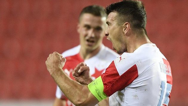 Slávistický kapitán Ondřej Kúdela se raduje z druhého gólu. Slávistický kapitán Ondřej Kúdela se raduje z druhého gólu.