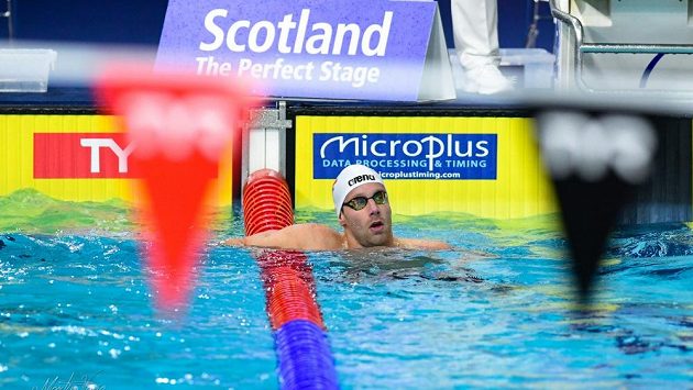 Plavec Jan Šefl při polohovém závodu na 100 metrů na ME v Glasgow. Plavec Jan Šefl při polohovém závodu na 100 metrů na ME v Glasgow.