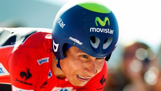 Kolumbijský cyklista stáje Movistar Nairo Quintana na trati Vuelty. Kolumbijský cyklista stáje Movistar Nairo Quintana na trati Vuelty.