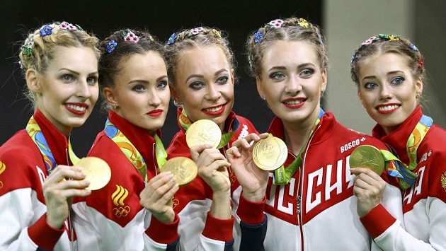 Ruské gymnastky se zlatou olympijskou medailí. Ruské gymnastky se zlatou olympijskou medailí.