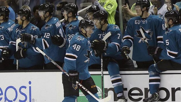 Tomáš Hertl (č. 48) slaví u střídačky hokejistů San Jose gól. Tomáš Hertl (č. 48) slaví u střídačky hokejistů San Jose gól.