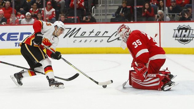 Johnny Gaudreau (13) z Calgary a detroitský brankář Jimmy Howard (35). Johnny Gaudreau (13) z Calgary a detroitský brankář Jimmy Howard (35).