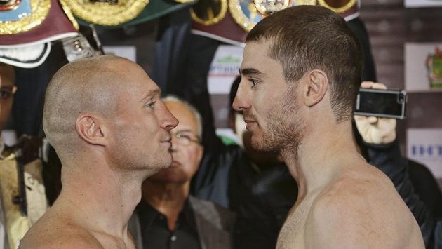 Český boxer Lukáš Konečný (vlevo) a Rus Zaurbek Bajsangurov před vzájemným sobotním utkáním. Český boxer Lukáš Konečný (vlevo) a Rus Zaurbek Bajsangurov před vzájemným sobotním utkáním.