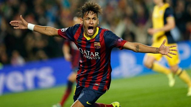 Barcelonský Neymar se raduje z gólu proti Atlétiku ve čtvrtfinále Ligy mistrů. Barcelonský Neymar se raduje z gólu proti Atlétiku ve čtvrtfinále Ligy mistrů.