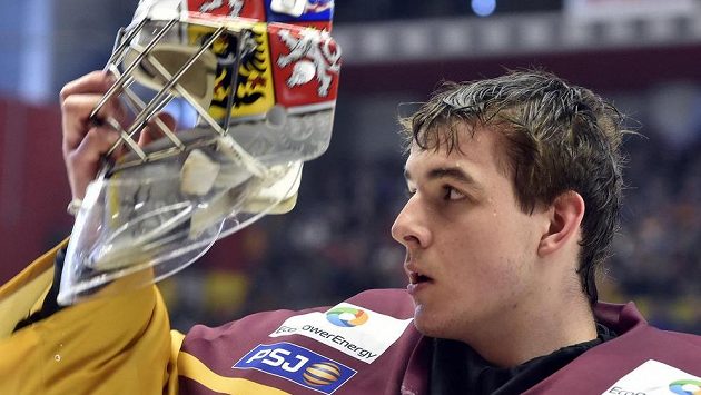 Brankář Jihlavy Jakub Škarek během utkání s Českými Budějovicemi. Brankář Jihlavy Jakub Škarek během utkání s Českými Budějovicemi.
