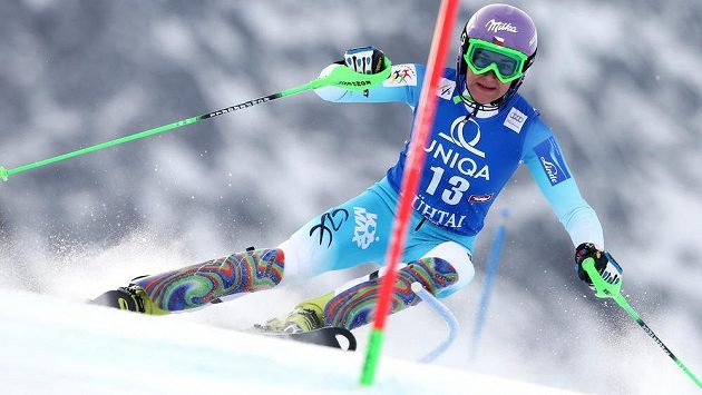 Šárka Strachová mezi slalomovými brankami. Šárka Strachová mezi slalomovými brankami.