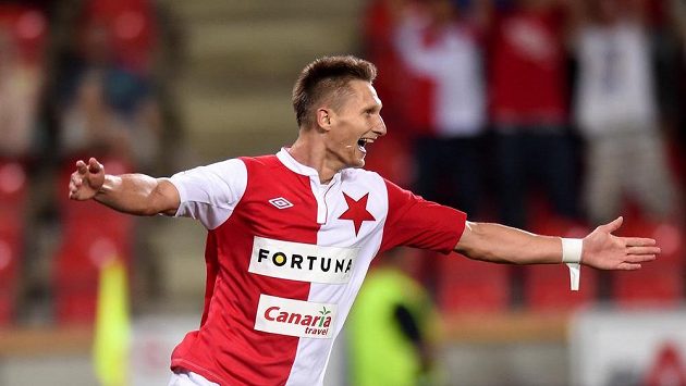 Útočník Slavie Praha Milan Škoda se raduje ze své druhé branky proti Liberci. Útočník Slavie Praha Milan Škoda se raduje ze své druhé branky proti Liberci.