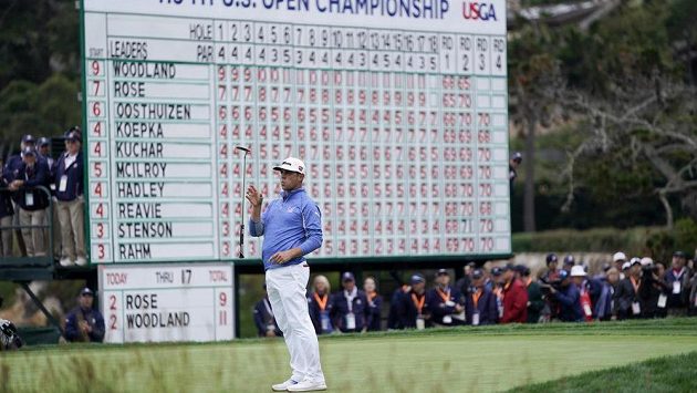 Gary Woodland v akci ve třetím kole golfového US Open. Gary Woodland v akci ve třetím kole golfového US Open.