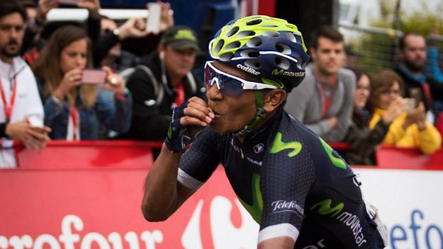 Nairo Quintana v cíli desáté etapy Vuelty. Nairo Quintana v cíli desáté etapy Vuelty.