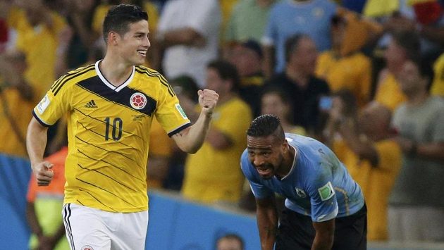 James Rodríguez oslavuje svoji trefu v osmifinále MS proti Uruguayi. James Rodríguez oslavuje svoji trefu v osmifinále MS proti Uruguayi.