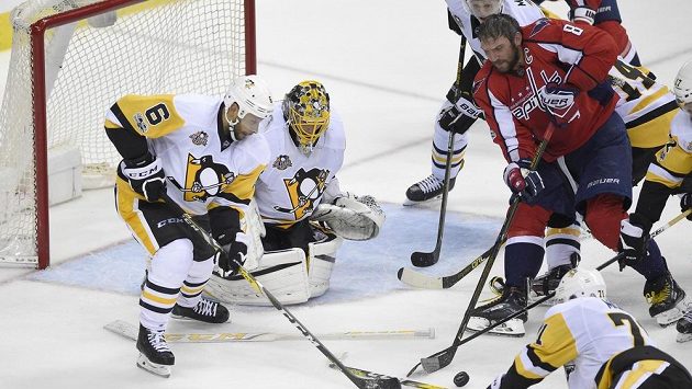 Alexandr Ovečkin z Washingtonu bez helmy se snaží vstřelit gól, ale ani on to v tomto případě nedokázal. Gólman Pittsburghu Marc-Andre Fleury to zvládl i bez své hole. Alexandr Ovečkin z Washingtonu bez helmy se snaží vstřelit gól, ale ani on to v tomto případě nedokázal. Gólman Pittsburghu Marc-Andre Fleury to zvládl i bez své hole.