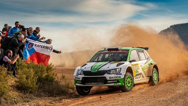 Jan Kopecký se Škodou Fabia R5 na trati Španělské rallye. Jan Kopecký se Škodou Fabia R5 na trati Španělské rallye.